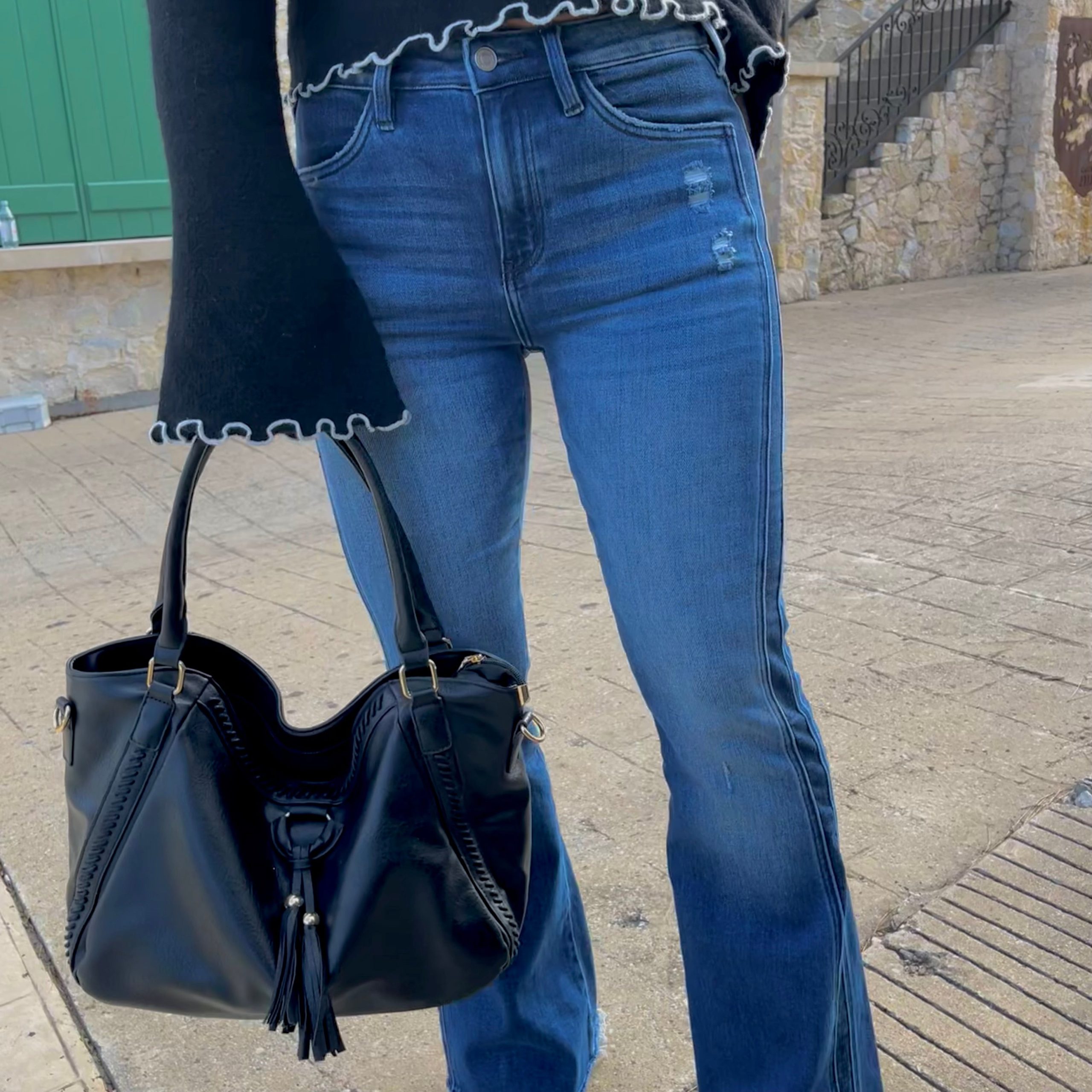 Emmalyn Dark Wash Contrast Detail Flare Jeans - Image 2