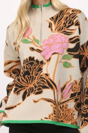 Reina Floral Jacquard Knit Mock Neck Half Zip Sweater