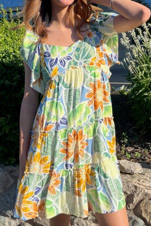 Tropical Breeze Floral Print Ruffled Mini Dress-FINAL SALE