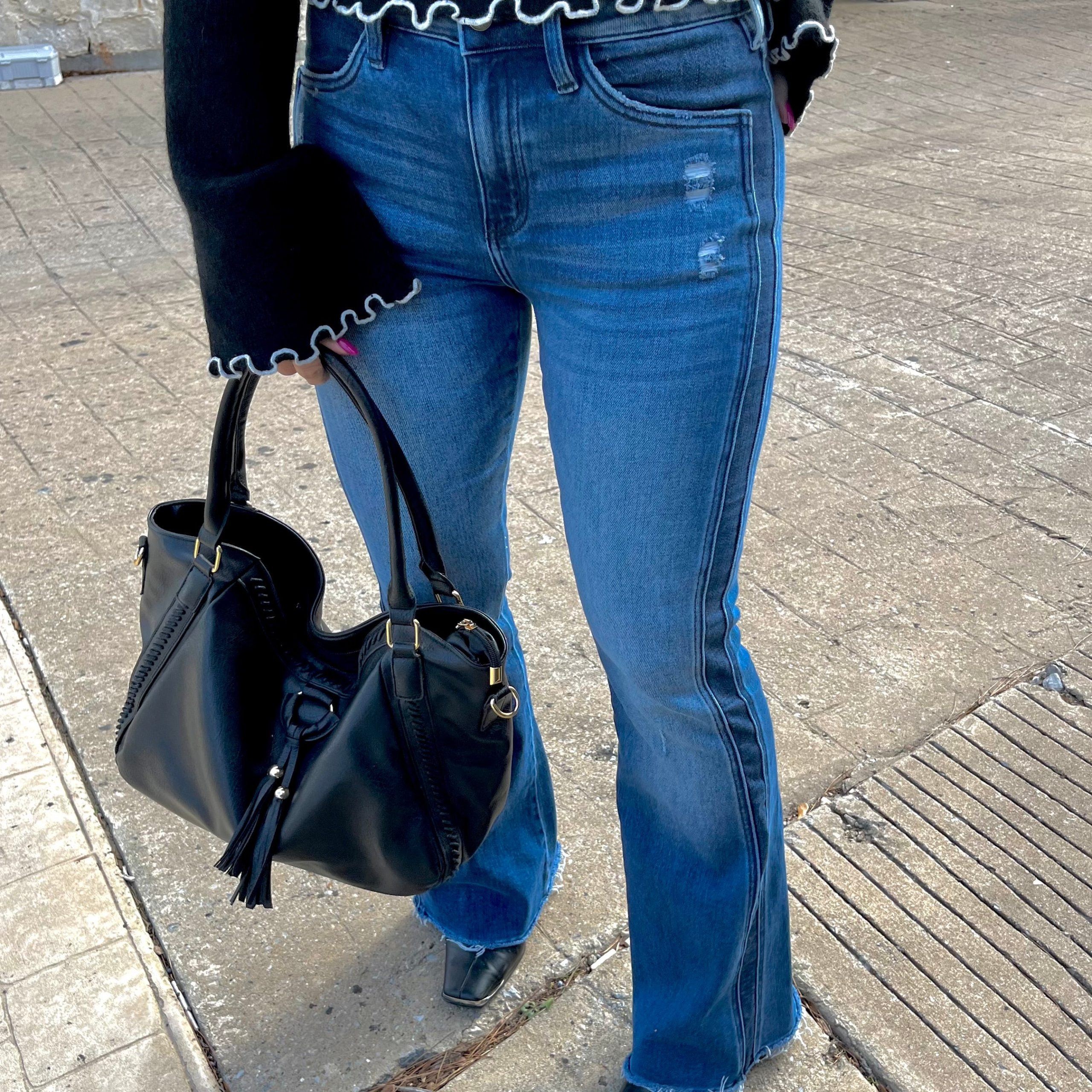 Emmalyn Dark Wash Contrast Detail Flare Jeans